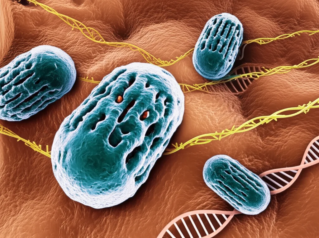 Photorealistic image of cellular components, macro lens, high detail, controlled lighting, showing ribosomes and RNA molecules.