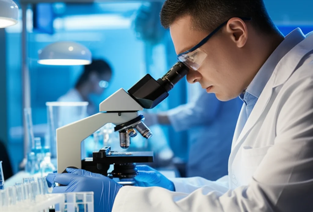 Photorealistic image of a researcher working in a lab, controlled lighting, shallow depth of field, showing scientific equipment like microscopes or pipettes.