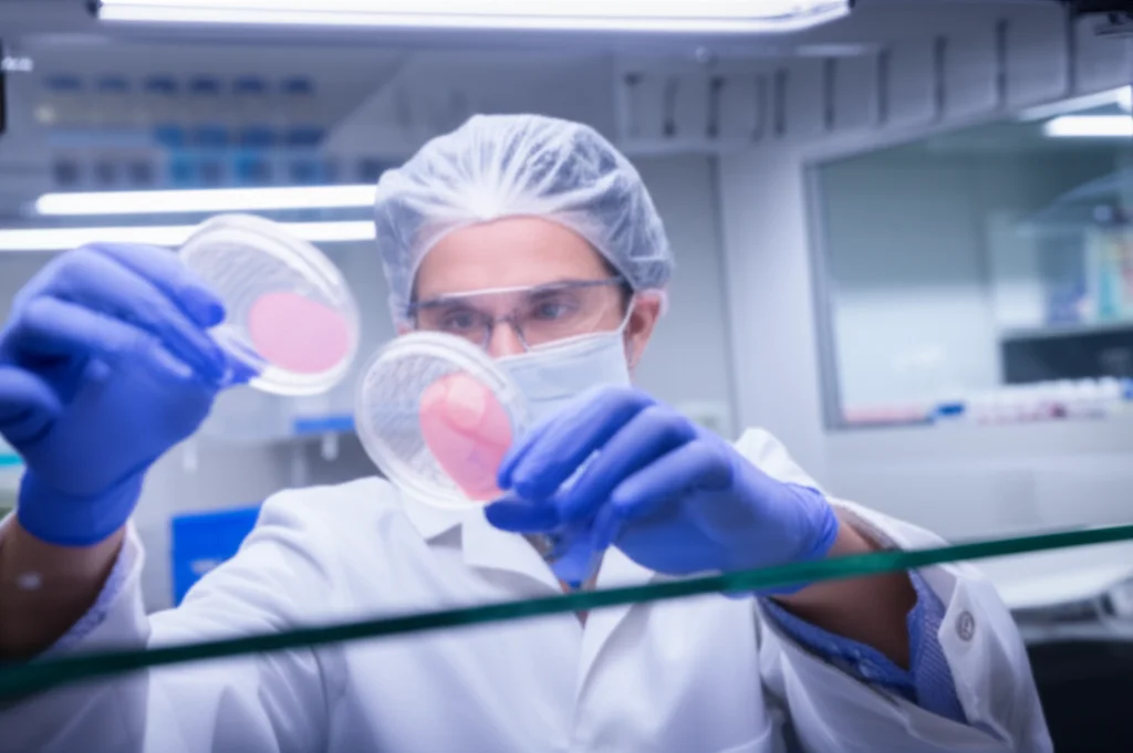 Photorealistic image of a scientist working with cell cultures in a sterile laboratory environment, 35mm portrait, depth of field, controlled lighting.