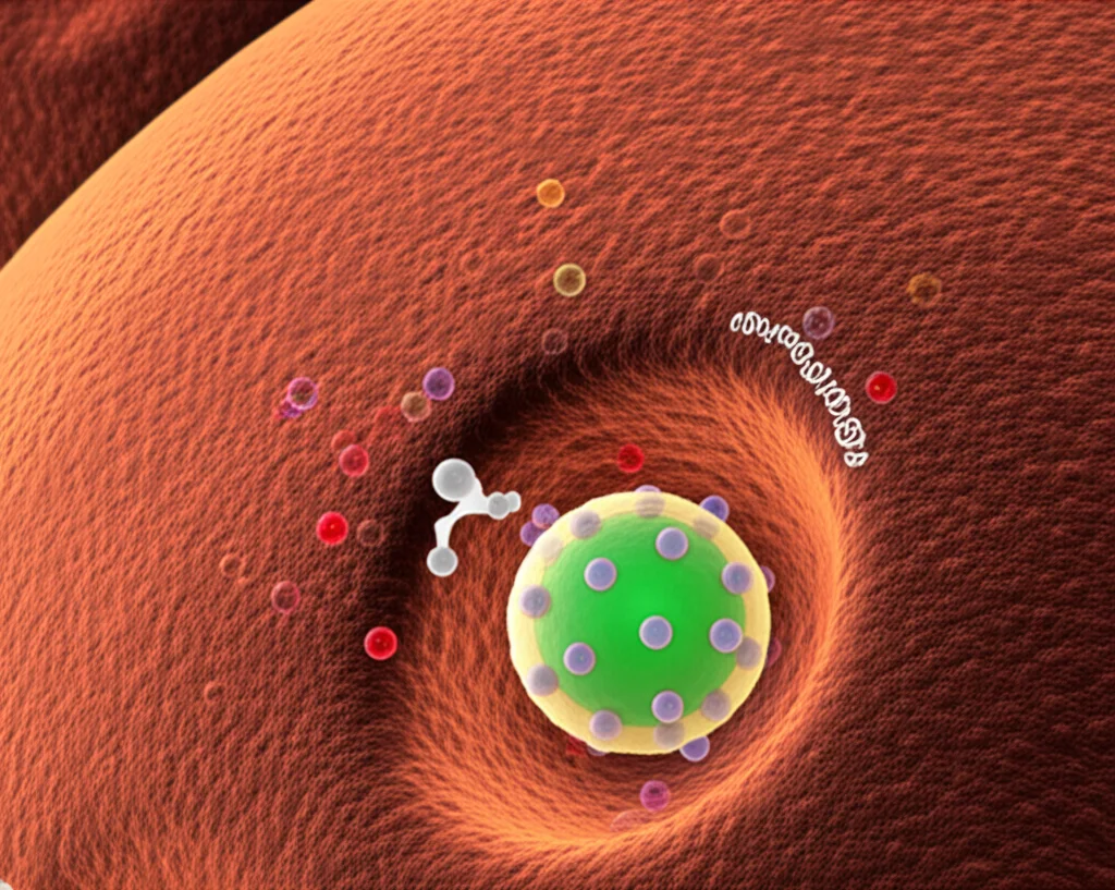 Photorealistic illustration of cellular metabolic pathways, showing glucose entering a cell and being processed through glycolysis and oxidative phosphorylation, macro lens, 100mm, high detail, precise focusing.