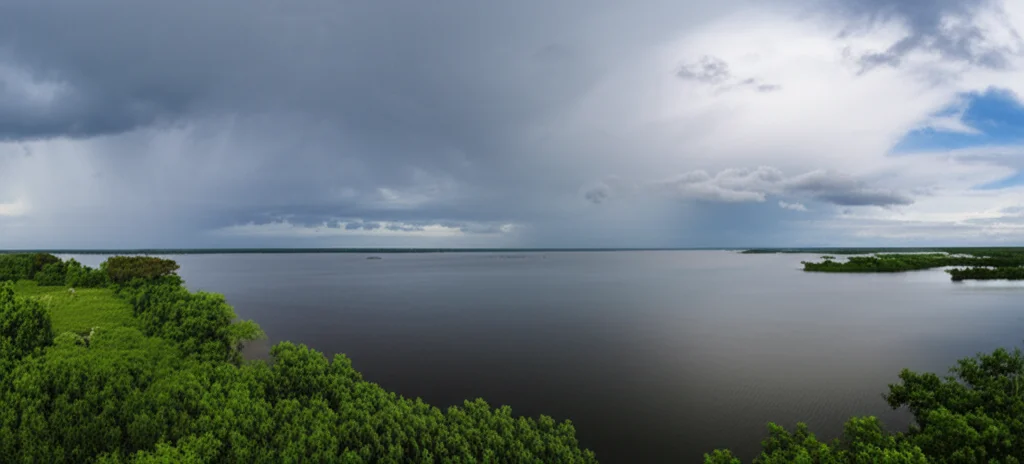 A wide-angle 10mm landscape photograph of a large, calm subtropical lake under a dramatic sky, with subtle hints of distant rain clouds and lush green vegetation along the shore, conveying both tranquility and the potential for heavy rainfall.