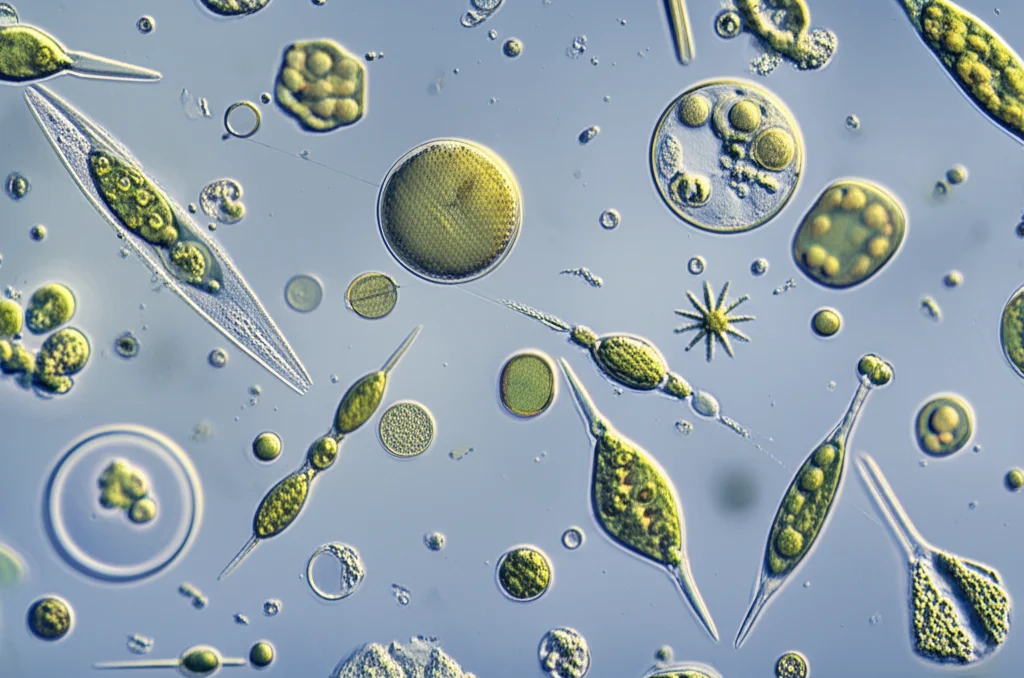 A macro lens 60mm photograph with high detail and precise focusing, showing a diverse collection of phytoplankton cells from a lake sample, illustrating different shapes and sizes representing various functional groups.