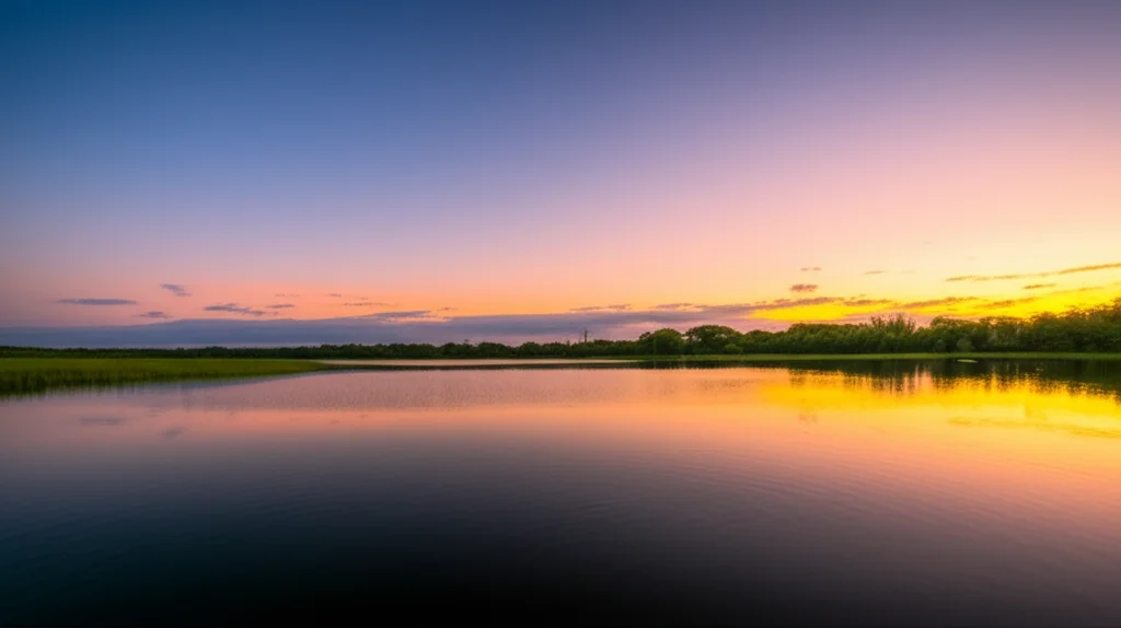 A wide-angle 24mm landscape photograph of a healthy, vibrant subtropical lake at sunset, with a sense of calm water and rich greenery, symbolizing successful water management and conservation efforts in the face of environmental change.