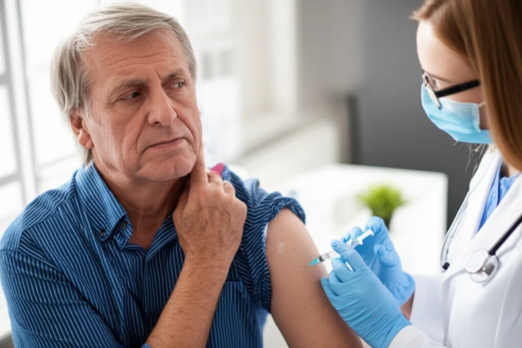 Photorealistic portrait photography, 35mm lens, depth of field, showing a thoughtful patient with multiple myeloma receiving a flu vaccination from a healthcare professional in a clinic setting, controlled lighting, high detail.
