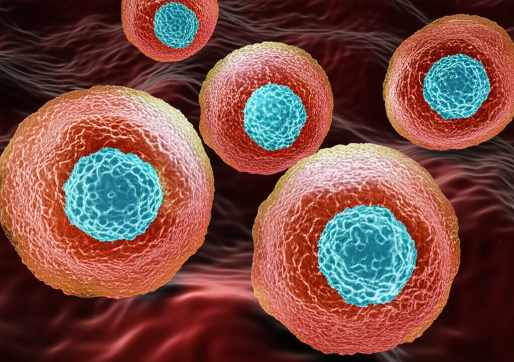 Photorealistic macro lens image, 100mm focal length, high detail, controlled lighting, showing stylized immune cells (B cells and T cells) interacting, representing the cellular response to vaccination.