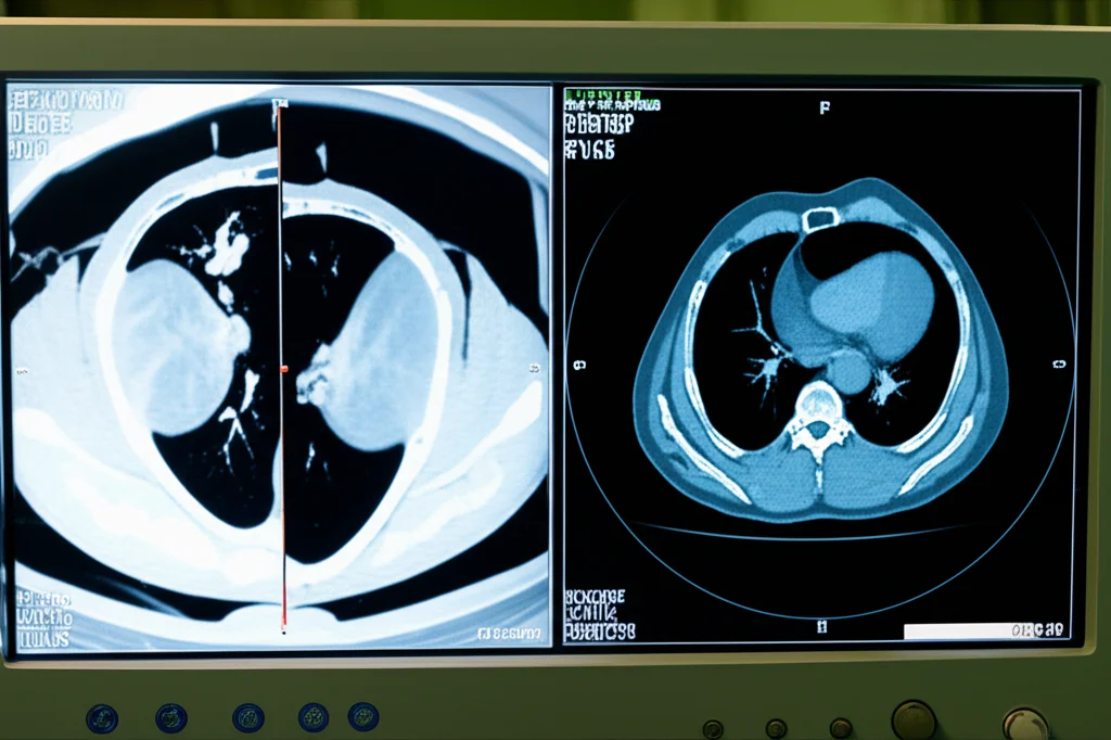 Photorealistic image showing a split medical monitor displaying two different PET/CT scans side-by-side for comparison, highlighting areas of interest, high detail, precise focusing.