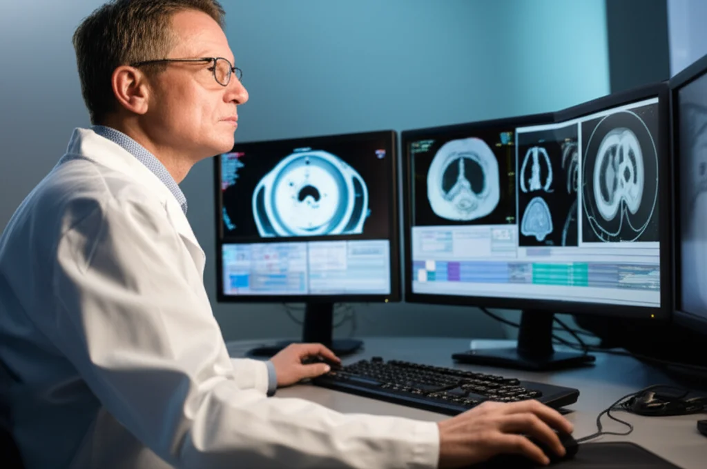Photorealistic image of a nuclear medicine physician reviewing PET/CT scans on a computer workstation, showing focused concentration and advanced medical technology, controlled lighting, high detail.