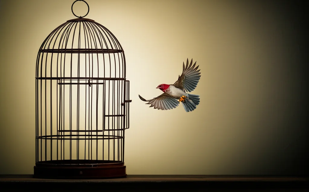A bird flying from an open cage, wide-angle 24mm, sharp focus, representing freedom from pain.