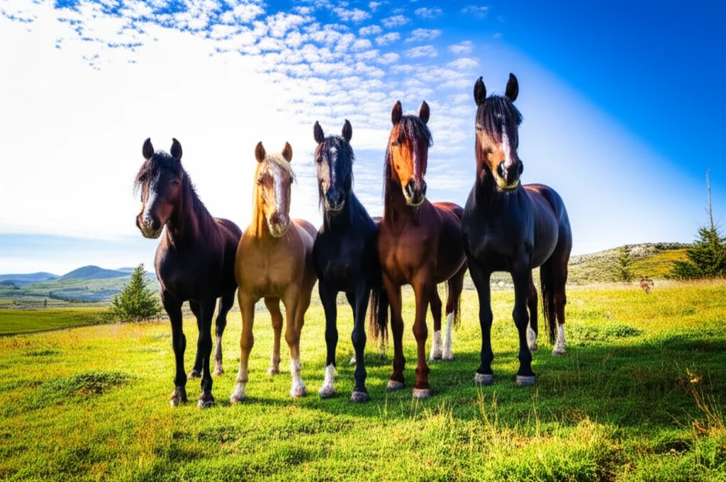 A group of five distinct Italian horse breeds standing in a scenic Italian landscape, wide-angle lens, 24mm, sharp focus.