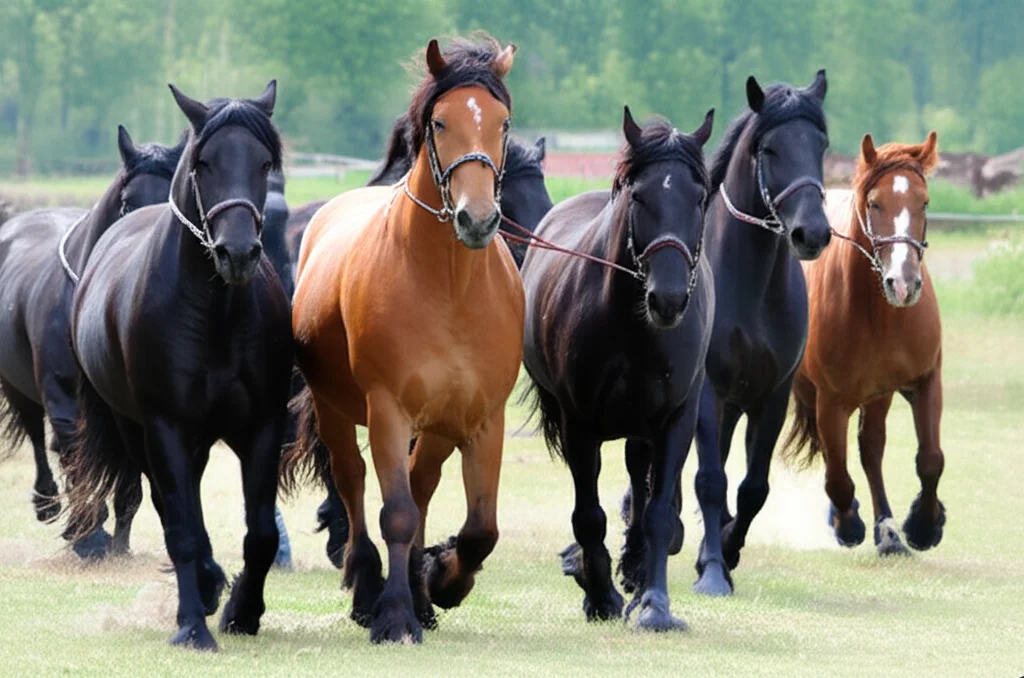 Several Italian horses of different types and colors (heavy draught, lighter riding type, chestnut, black), action shot, telephoto zoom 100-400mm, fast shutter speed, movement tracking.