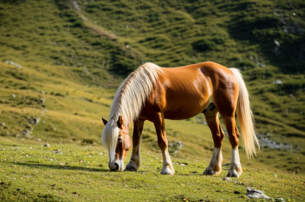 A robust Haflinger horse grazing in a high-altitude mountain pasture in Italy, landscape wide angle 24mm, sharp focus, natural lighting.