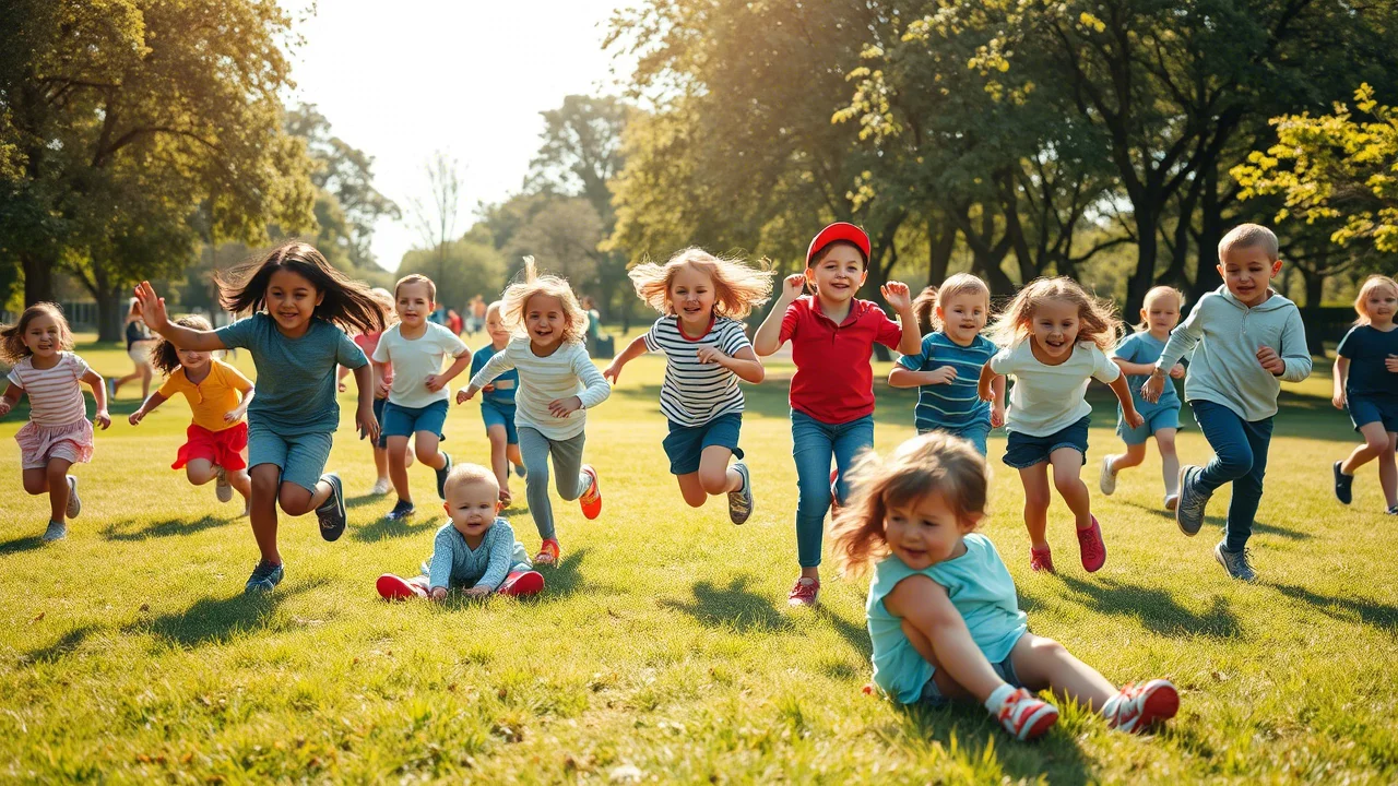 A diverse group of young children playing together in a park, some running, some sitting, some looking engaged, 24mm zoom lens, action tracking, bright daylight.