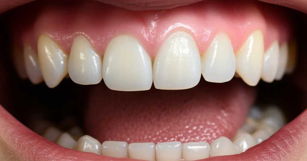 Close-up of gums and teeth during a dental examination, macro lens, 60mm, high detail, precise focusing, controlled lighting