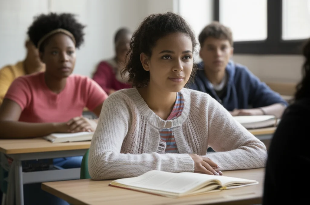 Portrait photography of a diverse group of high school students in a classroom setting, some looking thoughtful or slightly stressed, others appearing more confident. Use a 35mm lens with shallow depth of field to highlight individual expressions.
