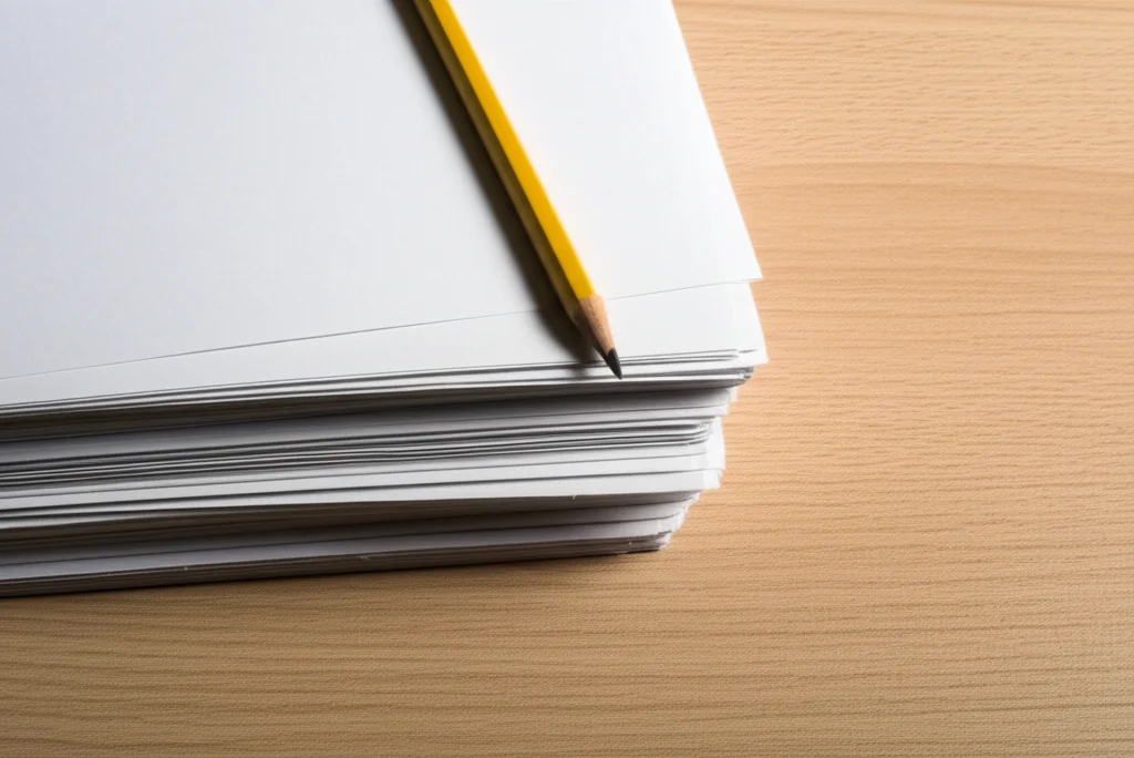 Still life photography of a stack of test papers and a pencil on a school desk, with soft, controlled lighting and precise focusing using a 60mm macro lens to show detail.