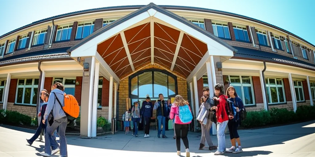 Wide-angle landscape photo of a welcoming school building entrance on a sunny day, showing diverse students entering, sharp focus, suggesting a positive and inclusive environment. Use a 10mm wide-angle lens.