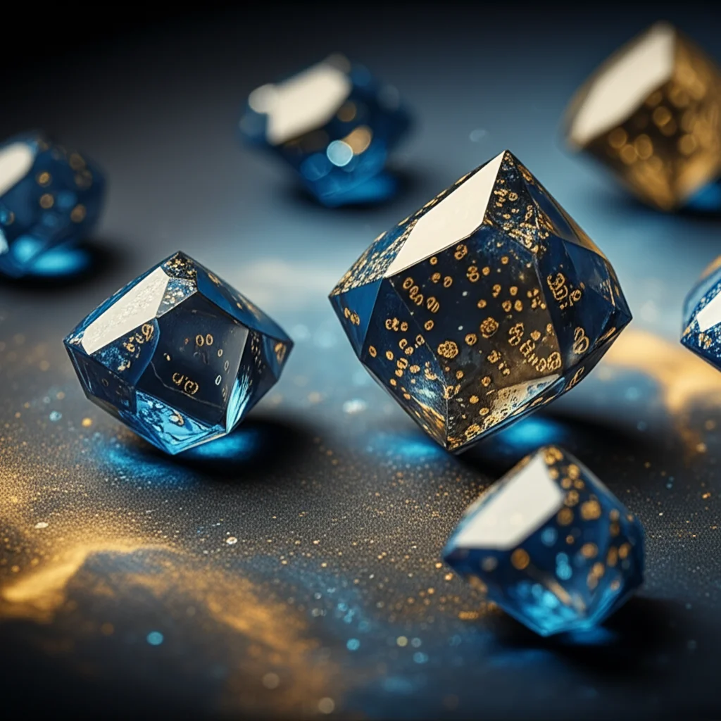 Composizione artistica che rappresenta gli 'atomi' di Lucas come gemme cristalline sfaccettate e luminose, ognuna con un pattern numerico astratto inciso sulla superficie. Le gemme sono disposte su uno sfondo scuro che ricorda una nebulosa stilizzata. Prime lens, 35mm, depth of field, duotone blu profondo e oro brillante.