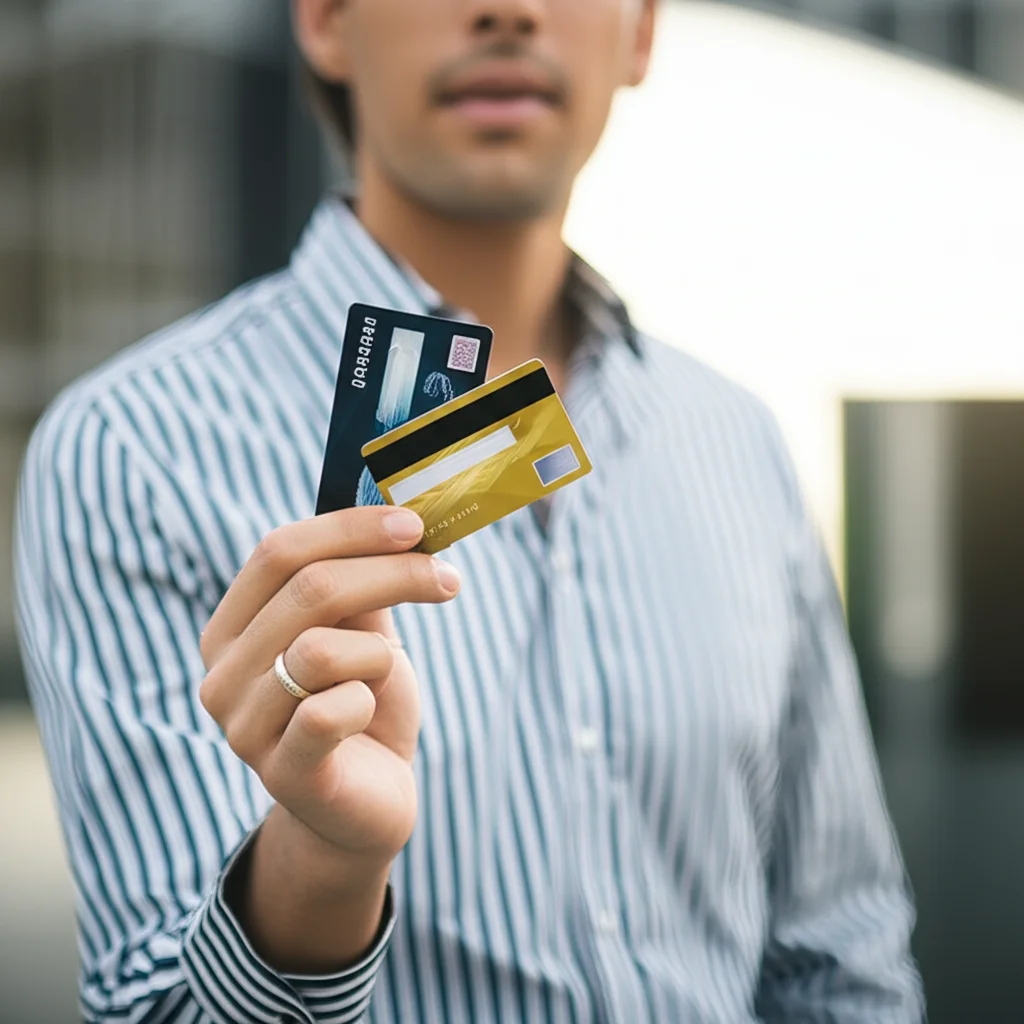 Fotografia di una persona che tiene in mano due carte di credito di banche diverse, con un'espressione decisionale. Sfondo leggermente sfocato di un ambiente urbano moderno. Obiettivo prime 50mm, profondità di campo, luce naturale morbida.