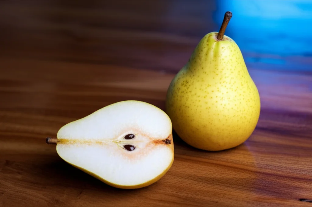 Fotografia still life di pere mature su un tavolo di legno rustico, una delle quali è sezionata per mostrare la polpa. Una luce blu direzionale illumina parzialmente la scena, creando un'atmosfera misteriosa e scientifica. Obiettivo macro 60mm, alta definizione, illuminazione controllata, focus preciso sulla texture della pera.
