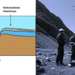 Immagine composita che mostra da un lato una sezione geologica stilizzata del sottosuolo con falde acquifere evidenziate in blu e canali di infiltrazione, e dall'altro lato un team di geofisici al lavoro con strumentazione TEM (grande antenna a loop) in un paesaggio montuoso aspro. Obiettivo prime 35mm, profondità di campo che mette a fuoco sia il modello sotterraneo che l'attività sul campo, duotone blu e marrone terra.