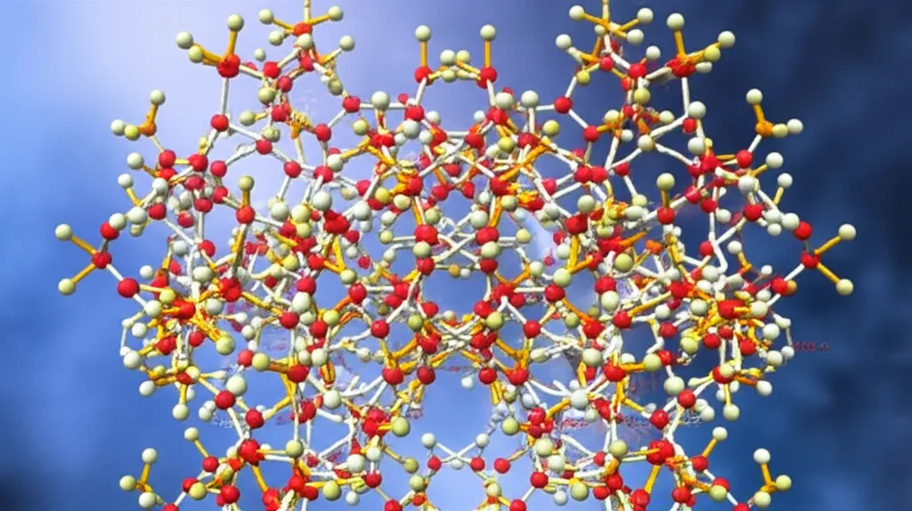 Immagine concettuale di molecole di Benzalconio Cloruro che facilitano la formazione di idrati di gas naturale, con strutture cristalline di idrati che crescono attorno a molecole di gas. Macro lens, 100mm, high detail, precise focusing, controlled lighting, a simboleggiare l'innovazione nello stoccaggio energetico.