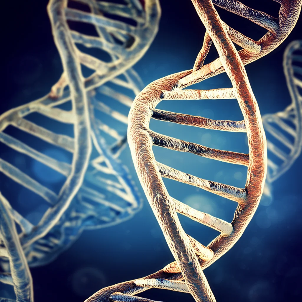 Immagine concettuale fotorealistica, obiettivo 35mm, che mostra una doppia elica di DNA astratta divisa a metà: una parte con colori freddi (blu/grigio) e l'altra con colori caldi (oro/rosso), a simboleggiare il confronto tra score genetici di diverse origini (Europea vs Giapponese) per il diabete di tipo 2, profondità di campo, duotone blu e oro.