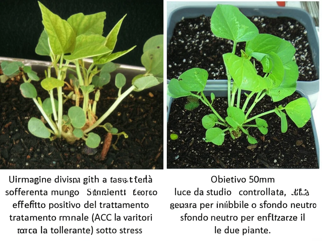 Immagine divisa a metà: a sinistra una piantina di fagiolo mungo sofferente, con foglie gialle e crescita stentata a causa dello stress da cadmio; a destra una piantina della stessa età, ma verde, rigogliosa e più grande, che rappresenta l'effetto positivo del trattamento ormonale (ACC per la varietà sensibile o inibitori per la tollerante) sotto stress. Obiettivo 50mm, luce da studio controllata, sfondo neutro per enfatizzare il contrasto tra le due piante.