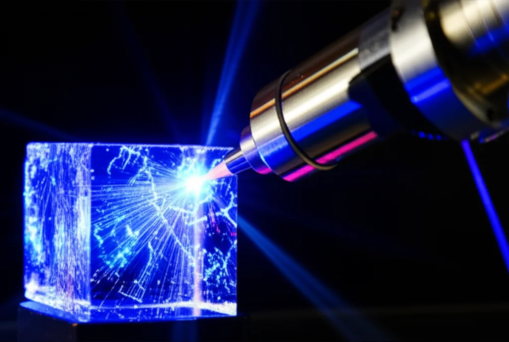 Immagine fotorealistica di un esperimento di shock laser su un cristallo di calcite trasparente; si vede l'onda d'urto propagarsi come un fronte luminoso e una sonda a raggi X che ne analizza la struttura atomica in tempo reale, rivelando la transizione allo stato amorfo disordinato. Macro lens, 85mm, high detail, controlled lighting, focus sull'interazione shock-materiale e la trasformazione strutturale.