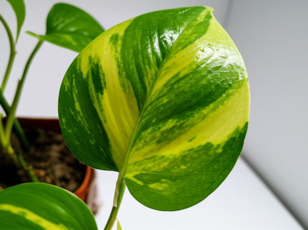 Immagine fotorealistica di una foglia di Epipremnum aureum (pianta del denaro) perfettamente sana accanto a una foglia che mostra i primi sintomi di tossicità da manganese, come una leggera clorosi intervenale. Illuminazione da studio controllata per esaltare i dettagli, obiettivo macro 90mm, alta definizione, messa a fuoco precisa sulla transizione tra tessuto sano e malato.