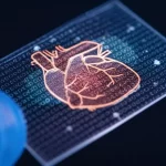 Immagine macro di un patch medico trasparente e flessibile, illuminato per evidenziarne la struttura, con una valvola cardiaca stilizzata visibile attraverso di esso, a simboleggiare la sua applicazione in cardiochirurgia. Macro lens, 80mm, high detail, controlled lighting, sfondo blu tenue.
