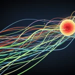 Paesaggio grandangolare, lente da 15 mm, immagine concettuale che raffigurano fili di dati intrecciati (come eliche di DNA ma più astratte) che si evolvono su una sequenza temporale contrassegnata da sottili cambiamenti di colore, convergendo verso una rappresentazione simbolica di una cellula beta pancreatica sotto attacco, focus acuto, drammatica scientifica, rappresentando l'analisi della via longitudinale di T1D.