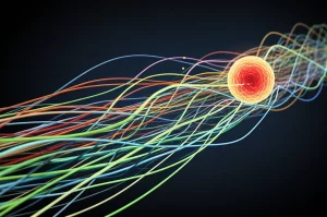 Paesaggio grandangolare, lente da 15 mm, immagine concettuale che raffigurano fili di dati intrecciati (come eliche di DNA ma più astratte) che si evolvono su una sequenza temporale contrassegnata da sottili cambiamenti di colore, convergendo verso una rappresentazione simbolica di una cellula beta pancreatica sotto attacco, focus acuto, drammatica scientifica, rappresentando l'analisi della via longitudinale di T1D.