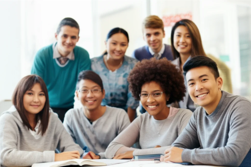 Professional portrait photography of a diverse group of high school students in a bright, modern classroom, smiling and engaged, shallow depth of field, warm lighting, suggesting a positive and inclusive learning environment.