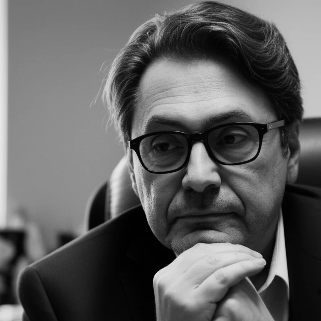 Un primo piano intenso di uno psicoterapeuta, uomo di mezza età con occhiali, che ascolta attentamente. L'espressione è empatica e concentrata. Lo sfondo è leggermente sfocato, suggerendo uno studio. Illuminazione soffusa laterale che crea ombre morbide. Obiettivo prime da 50mm, profondità di campo ridotta, bianco e nero con grana fine, stile ritratto cinematografico.
