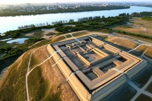 Vista aerea fotorealistica del sito archeologico neolitico di Fenghuangzui in Cina, con le mura di terra parzialmente scavate e visibili. Il fiume Hanshui scorre nelle vicinanze. Luce del tardo pomeriggio che crea lunghe ombre. Obiettivo grandangolare 18mm, messa a fuoco nitida, esposizione lunga per enfatizzare la vastità del sito.