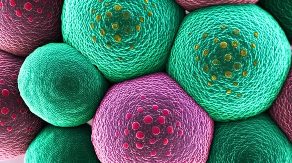 Visualizzazione 3D fotorealistica di un cluster di cellule embrionali di topo durante la gastrulazione, con diverse marcature epigenetiche (H3K27ac in verde brillante, H3K4me1 in rosso tenue) che evidenziano i destini cellulari divergenti. Lente macro 90mm, profondità di campo ridotta per focalizzare su un gruppo di cellule, illuminazione da microscopia confocale simulata.