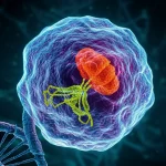 Visualizzazione artistica 3D di alta qualità di una cellula di glioblastoma con la proteina KAT5 evidenziata al suo interno, che interagisce con il DNA. Sfondo scuro con dettagli molecolari illuminati, obiettivo macro 105mm, alta definizione, illuminazione drammatica per enfatizzare la proteina.