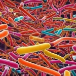 Visualizzazione artistica del microbioma intestinale di un adolescente, con una complessa rete di batteri colorati e vibranti che interagiscono, obiettivo macro 90mm, alta definizione dei dettagli batterici, illuminazione diffusa per mostrare la profondità dell'ecosistema.