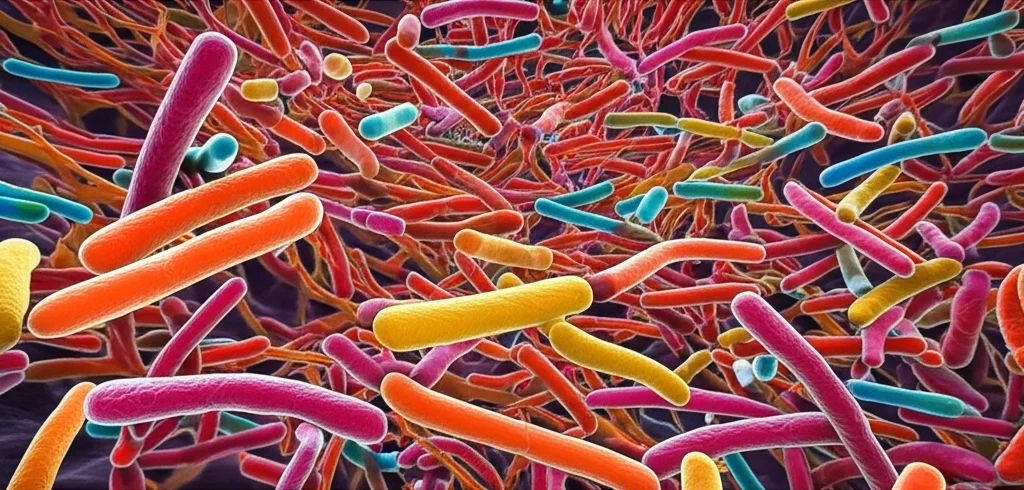Visualizzazione artistica del microbioma intestinale di un adolescente, con una complessa rete di batteri colorati e vibranti che interagiscono, obiettivo macro 90mm, alta definizione dei dettagli batterici, illuminazione diffusa per mostrare la profondità dell'ecosistema.
