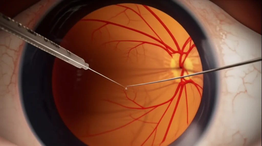 Visualizzazione artistica ma realistica dell'interno di un occhio umano che mostra la retina e il corpo vitreo durante un intervento chirurgico, con un focus sull'iniezione di un farmaco vicino al polo posteriore. Illuminazione chirurgica, alta definizione, obiettivo macro 85mm.