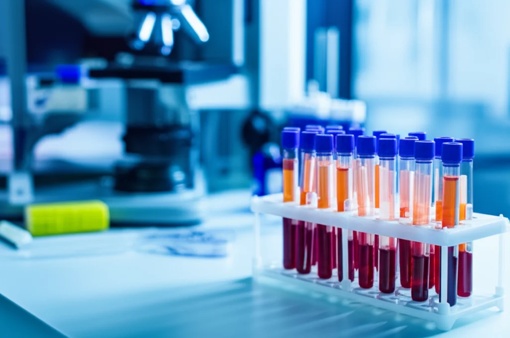 Immagine fotorealistica di un moderno laboratorio di analisi con provette di sangue in primo piano su un bancone e strumentazione avanzata sfocata sullo sfondo, simboleggiando la diagnosi dell'epatite delta. Prime lens, 50mm, depth of field, luce controllata e brillante.