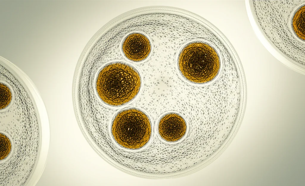 Immagine macro ad alta definizione di blastocisti umane in una piastra di coltura in laboratorio di PMA, 100mm Macro lens, illuminazione precisa, focus selettivo su una blastocisti di buona qualità che mostra chiaramente la massa cellulare interna e il trofoectoderma, contesto scientifico avanzato.