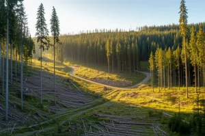 Immagine panoramica fotorealistica di un paesaggio forestale gestito in modo complesso, che mostra diverse fasi di rigenerazione post-taglio, aree con alberi maturi conservati (riserve), e una strada forestale che si snoda attraverso il terreno. Luce dorata del mattino. Obiettivo grandangolare 10-24mm, messa a fuoco nitida, lunga esposizione per dettagli paesaggistici.