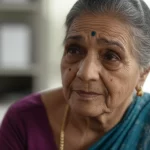 Older Indian woman, 60+, thoughtful expression, 35mm portrait, depth of field, natural lighting, conveying a sense of introspection about health and time.