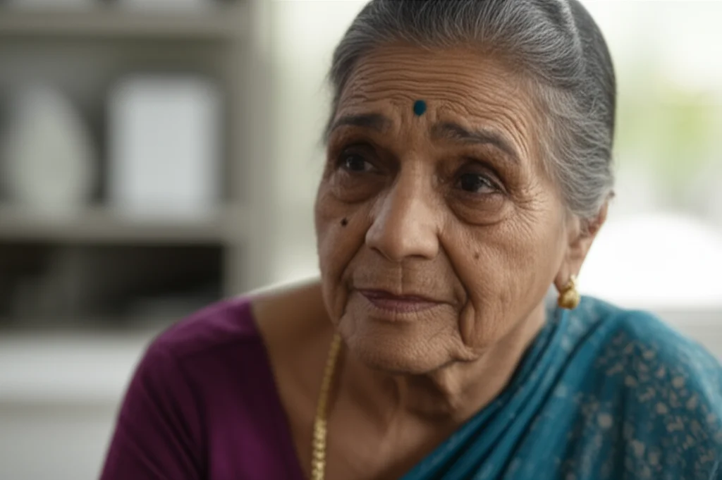Older Indian woman, 60+, thoughtful expression, 35mm portrait, depth of field, natural lighting, conveying a sense of introspection about health and time.