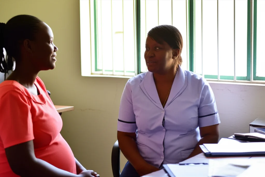 Operatrice sanitaria keniota sorridente mentre fornisce consulenza sulla PrEP a una donna incinta in una clinica per cure prenatali ben illuminata e accogliente. Fotografia ritratto, obiettivo da 50mm, luce naturale soffusa proveniente da una finestra laterale, atmosfera positiva e di speranza, colori vividi ma naturali, profondità di campo media che mantiene a fuoco entrambi i soggetti con uno sfondo leggermente sfocato.