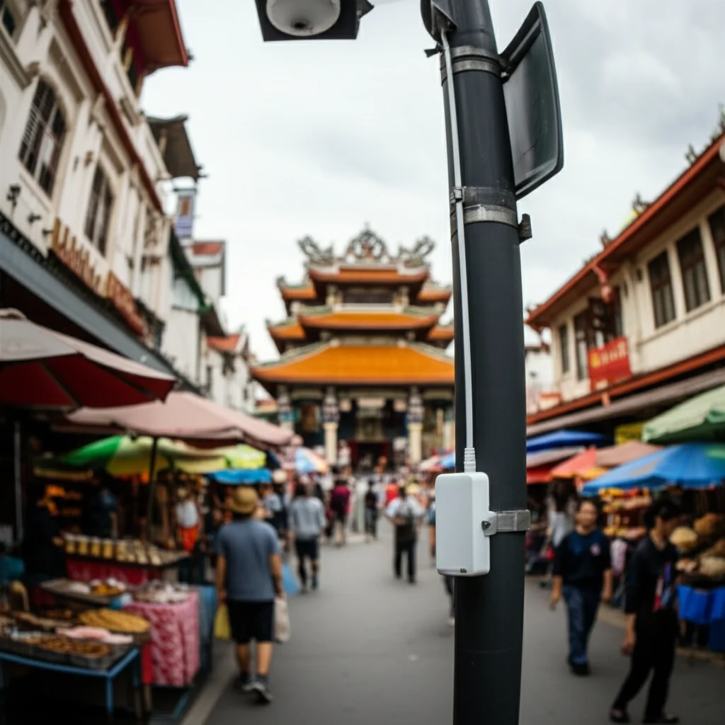 Photorealistic image using a wide-angle lens at 24mm focal length showing a street scene in a bustling Asian community with traditional temples and market stalls visible. A small, unobtrusive air quality sensor is mounted on a lamp post at pedestrian height in the foreground. Sharp focus on the sensor and immediate surroundings, with depth of field blurring the background slightly.