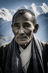Ritratto intenso di un veterano Gurkha anziano, con il volto segnato dal tempo e dall'esperienza, che guarda con orgoglio verso l'orizzonte. Sullo sfondo, le montagne del Nepal. L'immagine è un portrait photography, 35mm, con un effetto duotone seppia e grigio per sottolineare la storia e la resilienza, ma anche la vulnerabilità discussa nell'articolo.