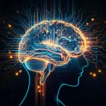 Un'immagine concettuale di dati finanziari cinesi che fluiscono in un cervello digitale stilizzato, illuminato da linee di codice binarie. L'immagine dovrebbe trasmettere innovazione e l'intersezione tra finanza e intelligenza artificiale. Macro lens, 100mm, high detail, precise focusing, controlled lighting con toni blu e oro.