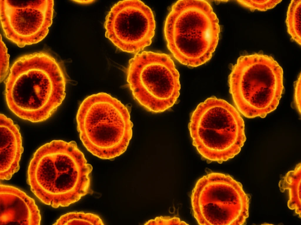 Un'immagine macro di cellule staminali germinali femminili (FGSC) sane e vitali, illuminate da una luce soffusa e calda, con dettagli precisi che mostrano la loro struttura. Obiettivo macro 100mm, illuminazione controllata per alta definizione, su uno sfondo che suggerisce un ambiente di laboratorio pulito e sterile.